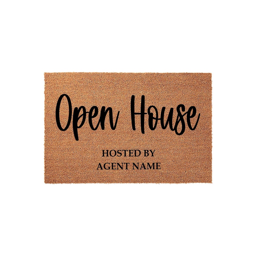 Personalized Open House real estate doormat made of natural coir fiber, featuring bold black script and serif text that reads Open House Hosted By Agent Name, perfect for welcoming potential buyers to a new property listing.