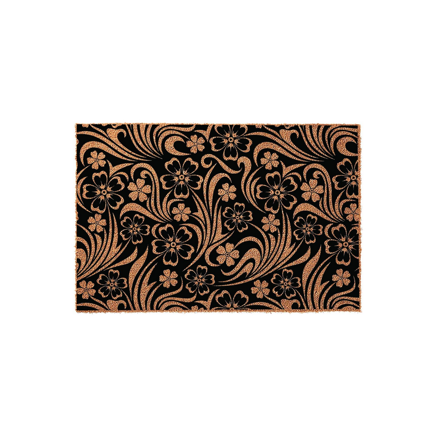 Floral Pattern Doormat featuring a sophisticated black background with an intricate, textured copper-colored swirl and flower design that adds a touch of elegance to any entryway or home decor setting for a modern and stylish