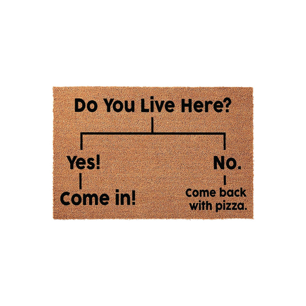 Funny Do You Live Here Doormat featuring a humorous flowchart design printed on natural coir fiber, instructing guests to come in if they live here or to come back with pizza if they do not, set against a clean white background.