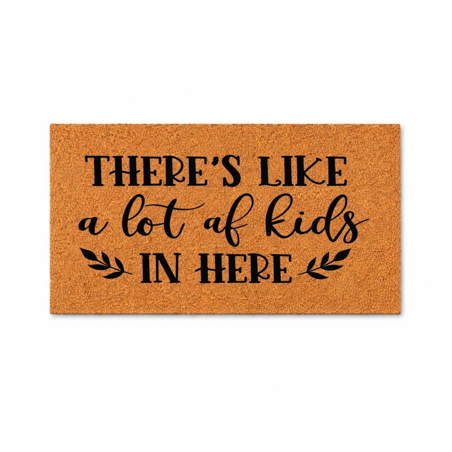 Funny Kids Welcome Doormat featuring a natural coir texture with bold black text that reads There is like a lot of kids in here, accented by simple leaf illustrations on a clean white background for a humorous home entryway decor