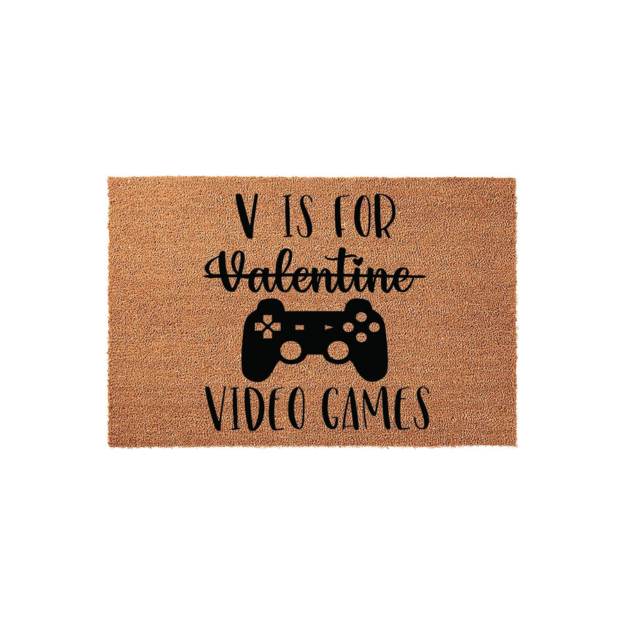 V Is For Valentine Video Games doormat featuring a natural coir texture with black printed text and a gaming controller icon, making a fun and unique home decor piece for gamers celebrating the holiday of love in their living