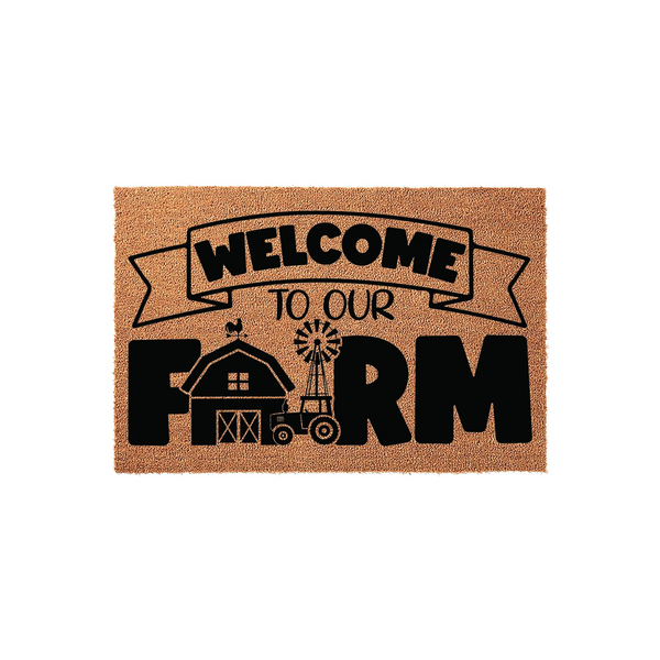 Welcome To Our Farm coir doormat featuring a rustic farmhouse design with a black printed barn, tractor, and windmill graphic on a natural brown fiber background, creating a charming country aesthetic for your front porch
