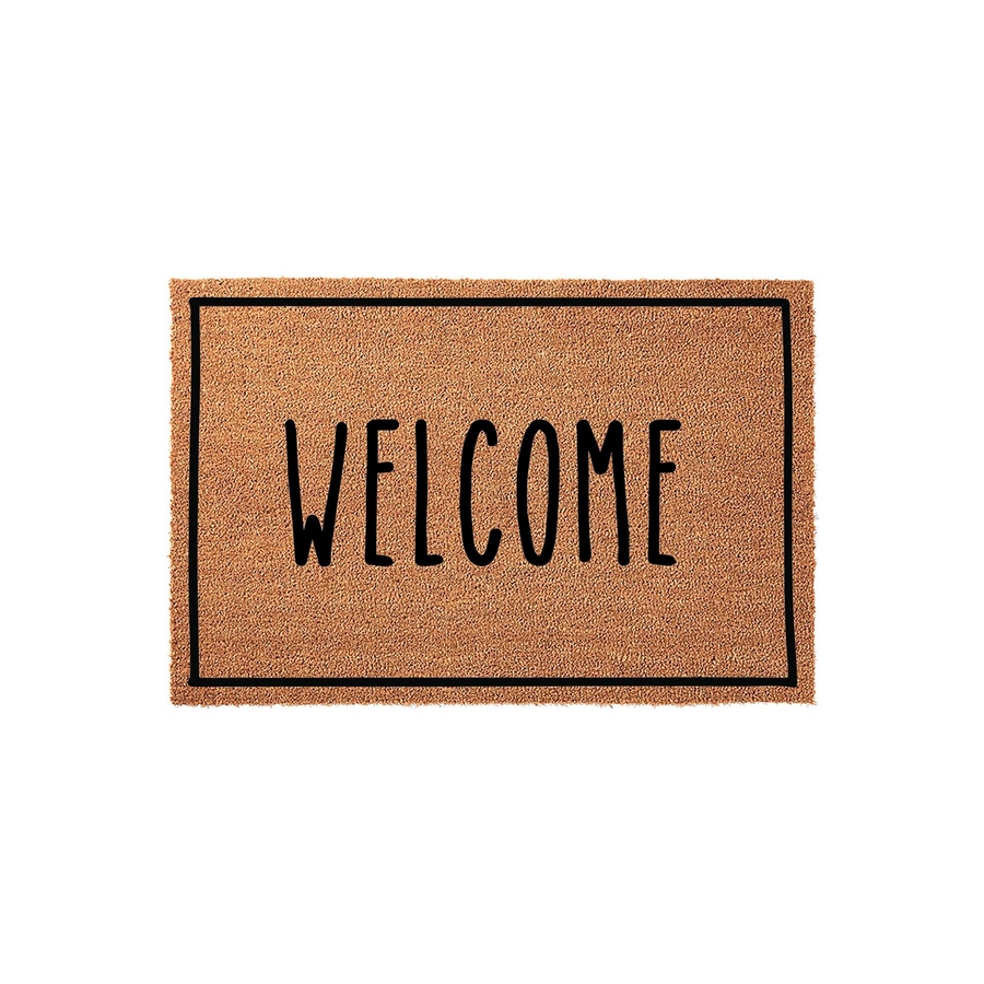 Welcome coir doormat featuring a simple black rectangular border and the word Welcome printed in a clean, modern sans-serif font, set against a plain white background to highlight the natural textured brown fiber of the entrance