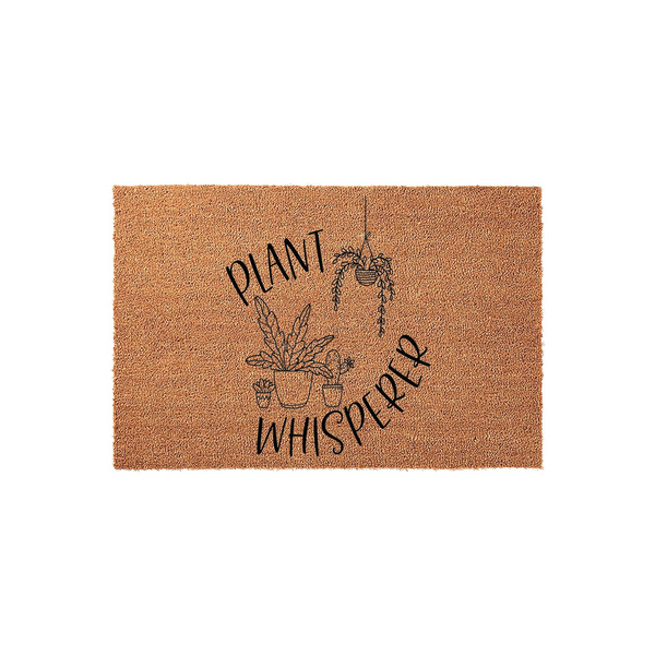 Plant Whisperer coir doormat featuring a natural brown fiber texture and black printed line art of various potted houseplants and a hanging planter, creating a charming entryway accessory for any indoor plant lover or gardener.