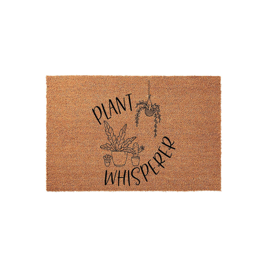 Plant Whisperer coir doormat featuring a natural brown fiber texture and black printed line art of various potted houseplants and a hanging planter, creating a charming entryway accessory for any indoor plant lover or gardener.