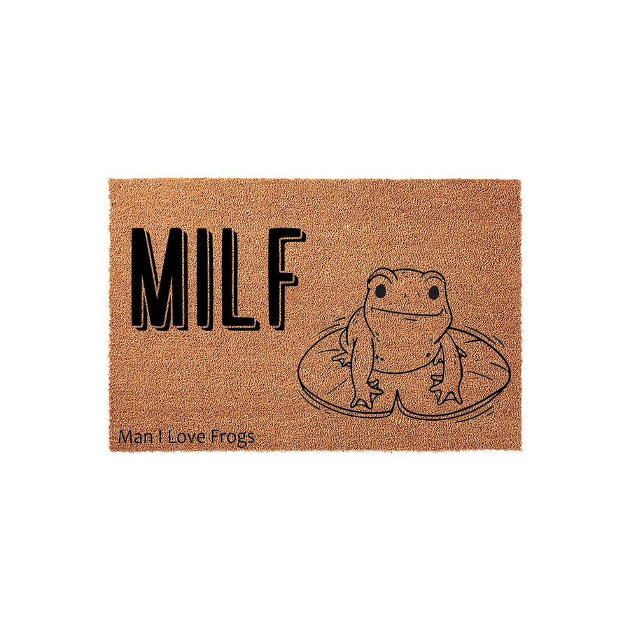 Man I Love Frogs coir doormat featuring a humorous acronym in bold black lettering next to a cute line-art illustration of a frog sitting on a lily pad, set against a natural brown textured background for a fun home entryway