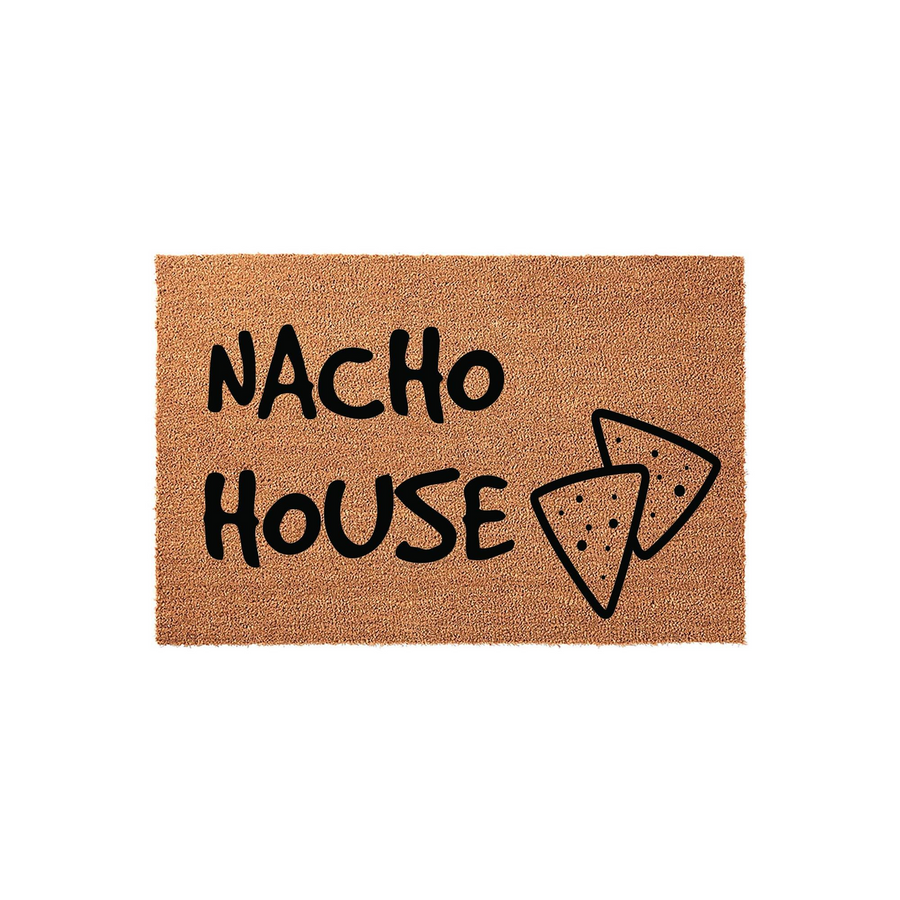 Nacho House funny doormat featuring a natural coir texture with bold black text and a cute tortilla chip graphic, making it a playful and welcoming addition to any front porch or entryway for snack lovers and foodies.