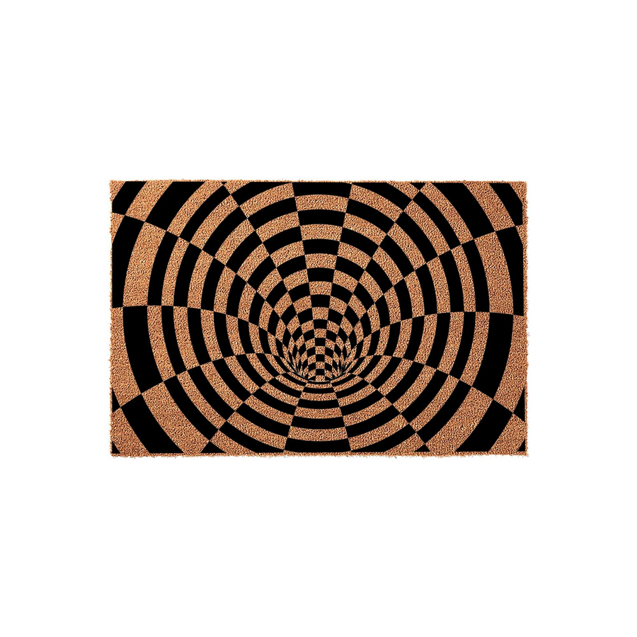 Optical illusion doormat featuring a black and tan checkered pattern that creates a 3D tunnel effect, printed on a natural coir fiber mat with a rectangular shape that adds a modern and eye-catching design to any home entryway or