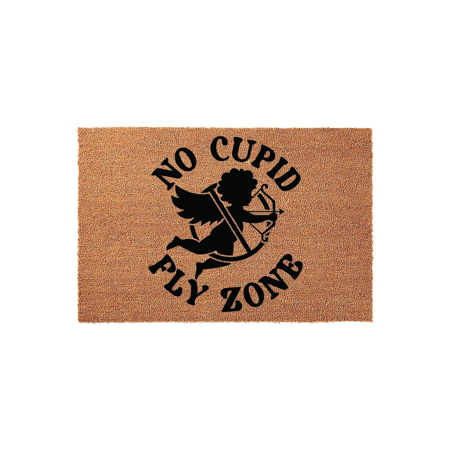 No Cupid Fly Zone coir doormat featuring a black silhouette of a cherub with a bow and arrow in the center, set against a natural brown textured fiber background for a humorous and festive Valentine's Day entryway decor statement.