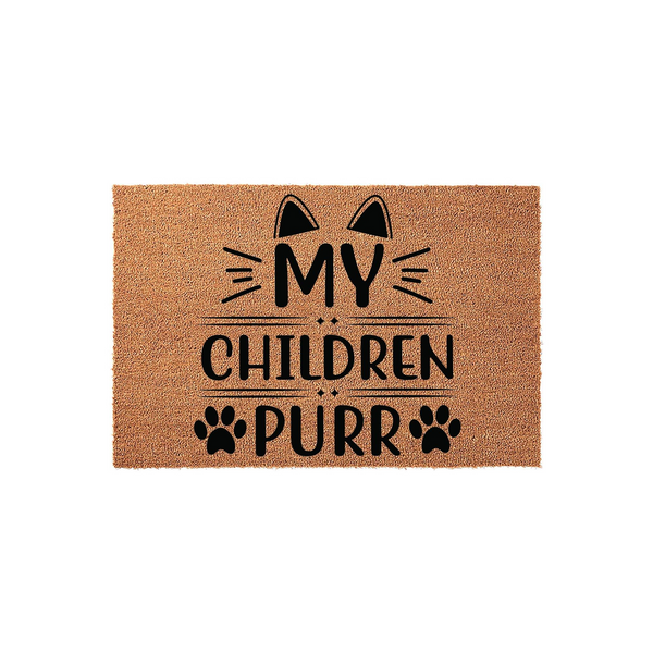 My Children Purr cat lover doormat made of natural coir fiber, featuring black printed text and cute cat ear graphics with paw prints on a plain white background, perfect for a cat owner's front porch or entryway decor.