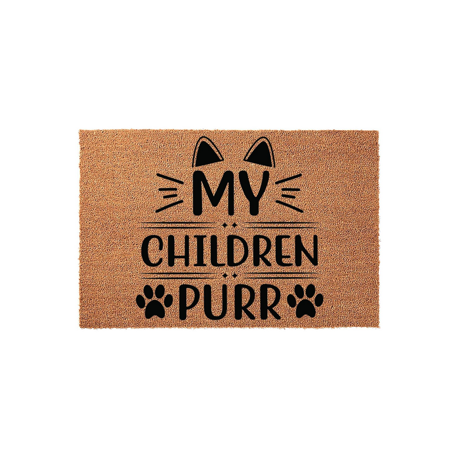 My Children Purr cat lover doormat made of natural coir fiber, featuring black printed text and cute cat ear graphics with paw prints on a plain white background, perfect for a cat owner's front porch or entryway decor.