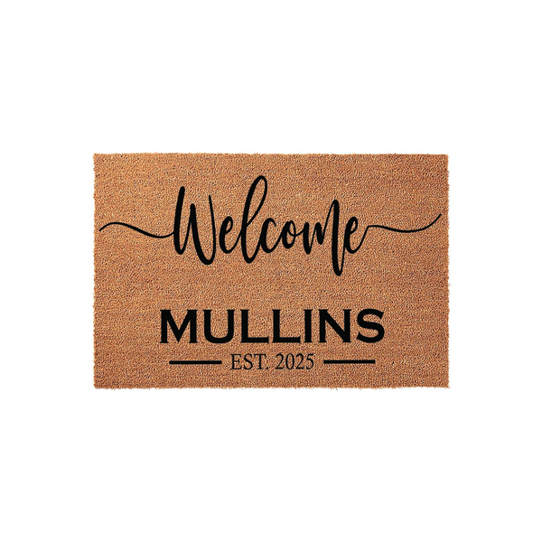 Personalized family name coir doormat featuring the word Welcome in elegant script, followed by a custom last name and established year in bold black lettering against a natural tan textured fiber background for a classic