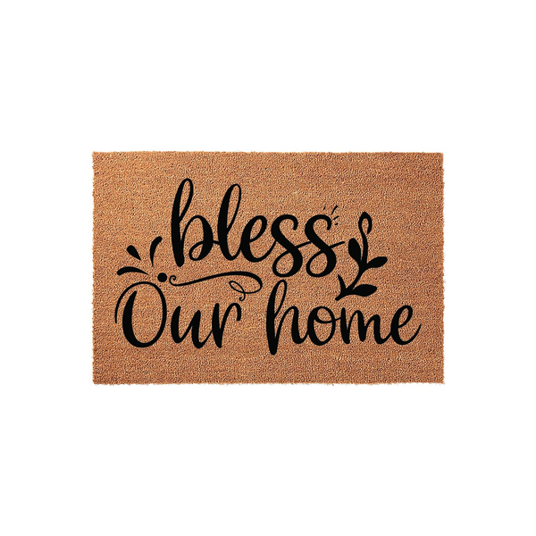 Bless Our Home coir doormat featuring a natural tan fiber texture and elegant black script lettering, providing a welcoming and rustic farmhouse aesthetic for your front porch entrance on a clean white background.