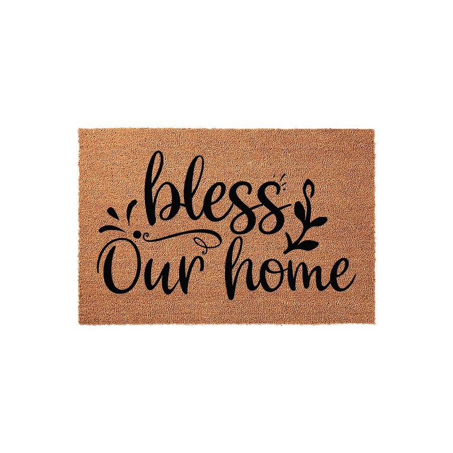 Bless Our Home coir doormat featuring a natural tan fiber texture and elegant black script lettering, providing a welcoming and rustic farmhouse aesthetic for your front porch entrance on a clean white background.