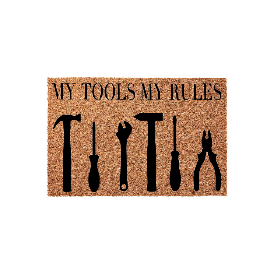 My Tools My Rules coir doormat featuring a natural brown fiber texture and black printed silhouettes of a hammer, screwdriver, wrench, mallet, and pliers, making it a fun addition for a garage, workshop, or home entryway floor.
