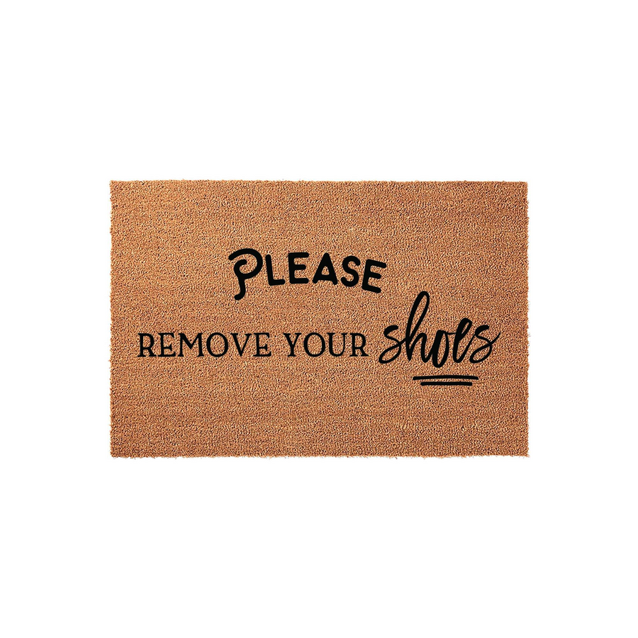 Please Remove Your Shoes Coir Doormat featuring a natural tan fiber texture and bold black typography, designed as a functional and stylish entryway floor mat to keep your home clean and welcoming for all your guests and family