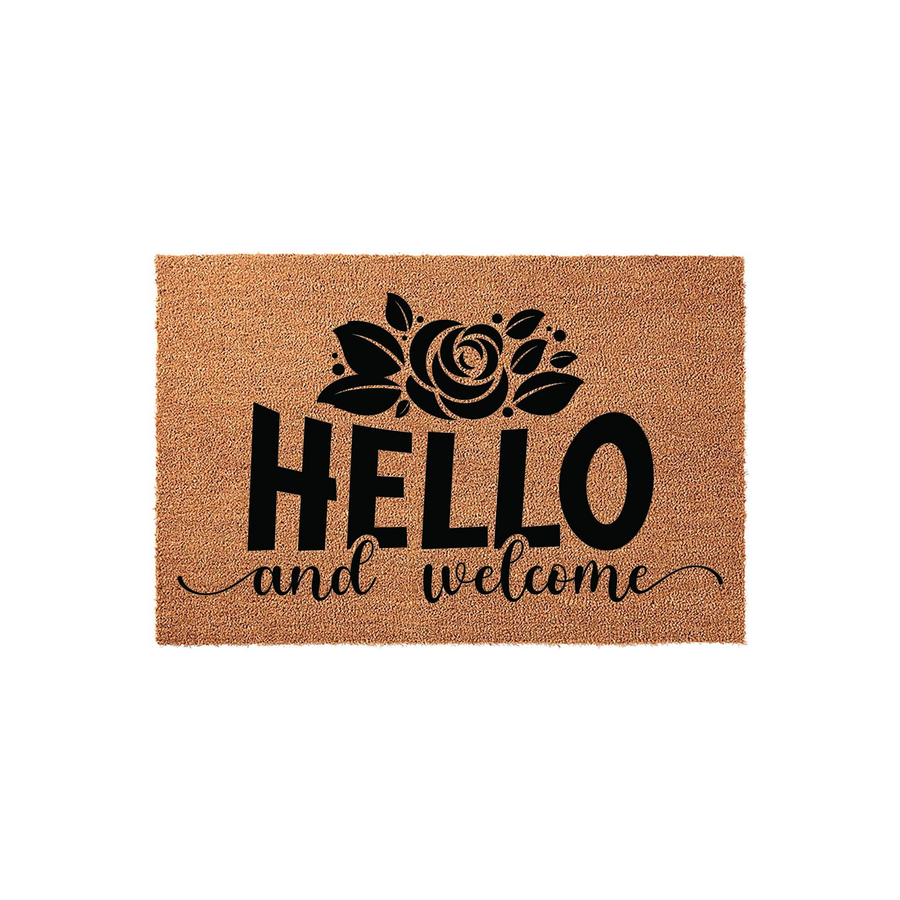 Floral Hello and Welcome Coir Doormat featuring a natural brown fiber texture with bold black text and a stylized rose illustration, creating a warm and inviting entryway accent for your front porch or home entrance decor.