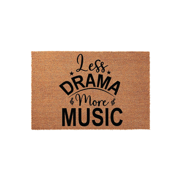 Less Drama More Music Coir Doormat featuring a natural tan fiber texture with bold black typography that reads Less Drama and More Music, accented by small stars and musical note symbols for a fun, modern entryway decor style.