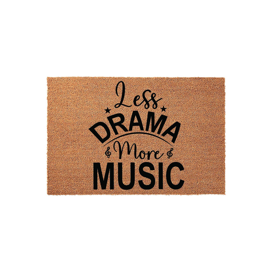 Less Drama More Music Coir Doormat featuring a natural tan fiber texture with bold black typography that reads Less Drama and More Music, accented by small stars and musical note symbols for a fun, modern entryway decor style.