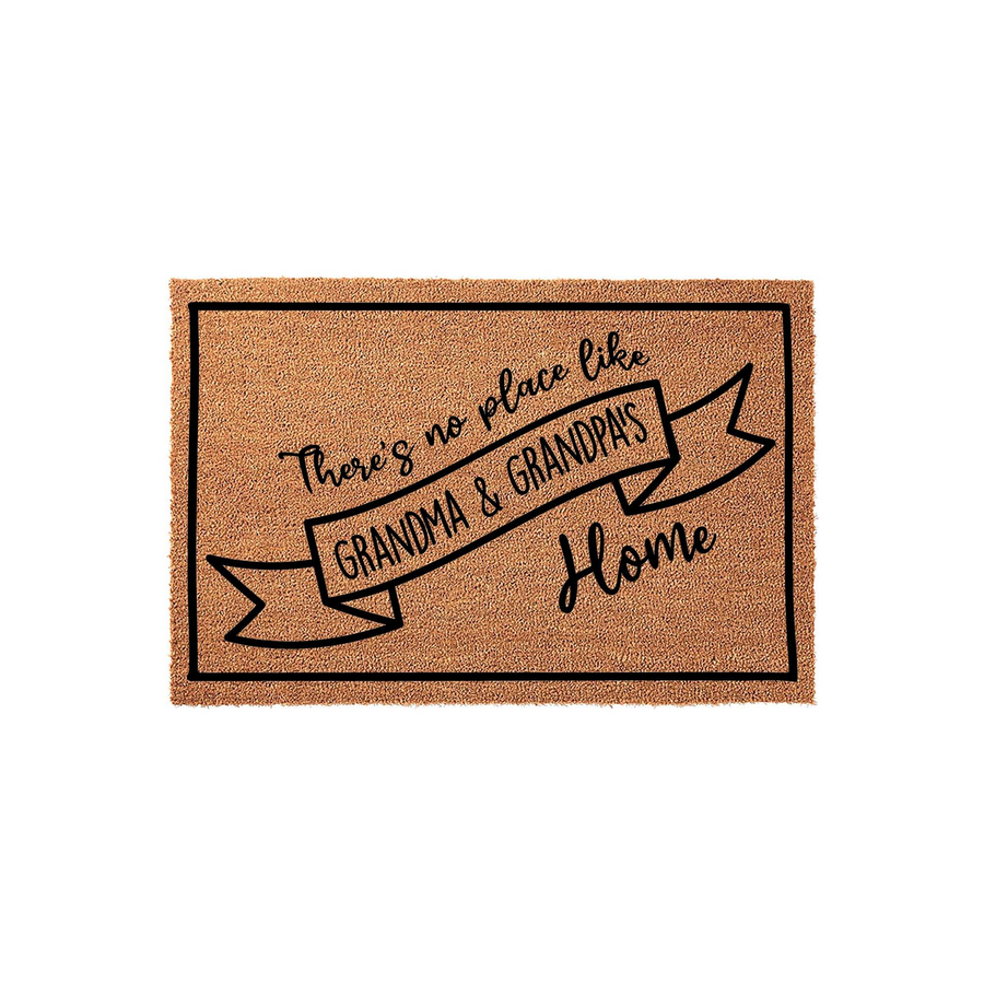 Grandma and Grandpa coir doormat featuring a black banner design that reads There is no place like Grandma and Grandpa's Home, set against a natural tan fiber background for a welcoming entryway decor piece for grandparents.