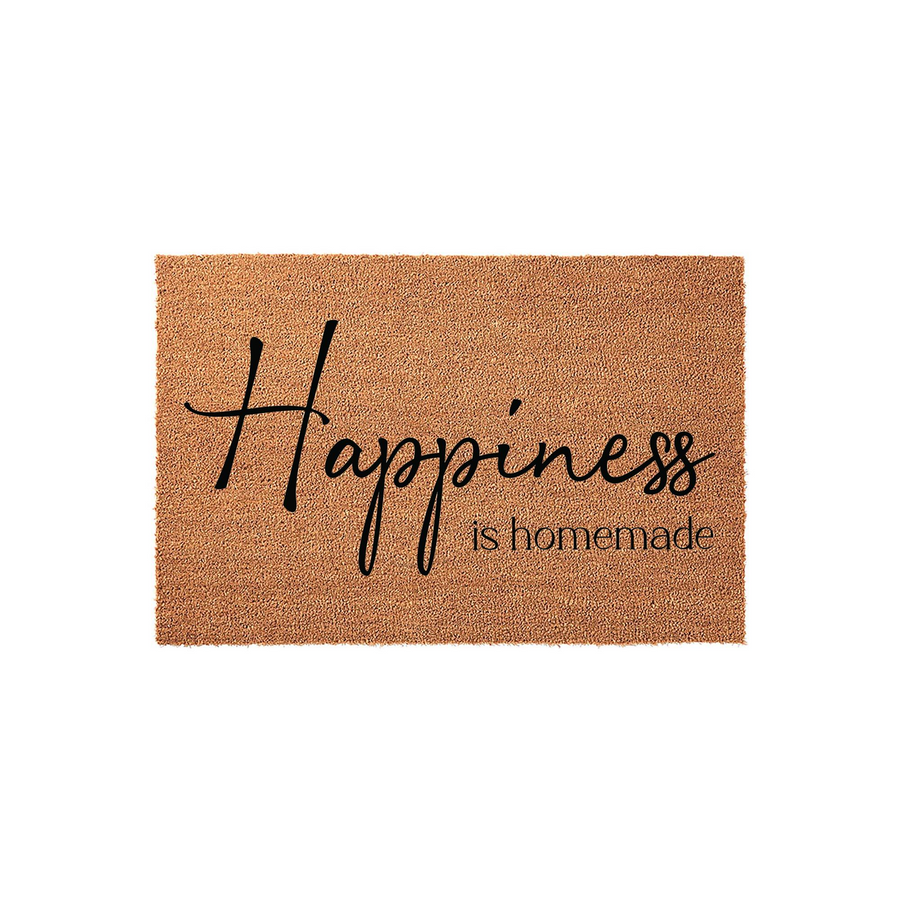 Happiness is Homemade coir doormat featuring a natural tan fiber texture and elegant black script lettering, providing a warm and inviting welcome for your front porch or entryway decor in a clean, isolated studio product shot.