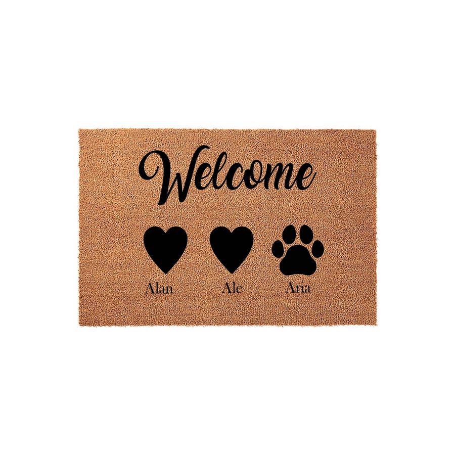 Personalized coir welcome doormat featuring the word Welcome in elegant script, followed by two black hearts and a paw print icon, with space below each symbol for custom names on this durable natural fiber outdoor entryway floor
