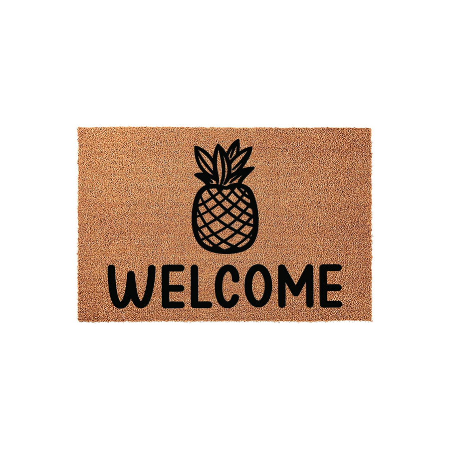 Pineapple Welcome Doormat featuring a natural coir fiber texture with a bold black pineapple graphic centered above the word Welcome in a clean, modern font, creating a classic and inviting look for your front porch or entryway