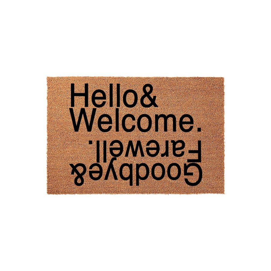Hello and Welcome Goodbye and Farewell doormat featuring a natural coir fiber texture with bold black typography printed on the surface, designed with a clever mirrored layout that reads correctly from both sides of the entryway