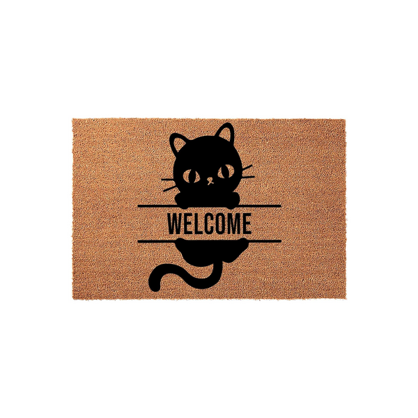 Black Cat Welcome Doormat featuring a cute illustrated feline peeking over a horizontal line with the word Welcome printed in bold black text, all set against a natural brown coir fiber background for a charming entryway decor