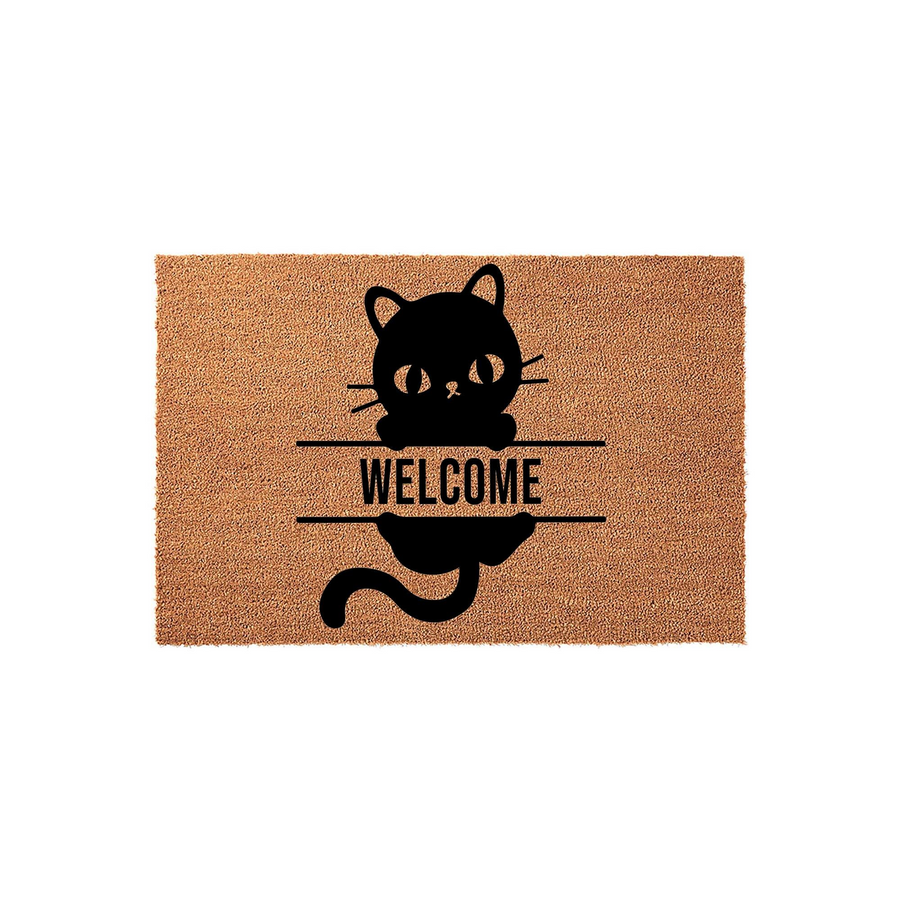 Black Cat Welcome Doormat featuring a cute illustrated feline peeking over a horizontal line with the word Welcome printed in bold black text, all set against a natural brown coir fiber background for a charming entryway decor
