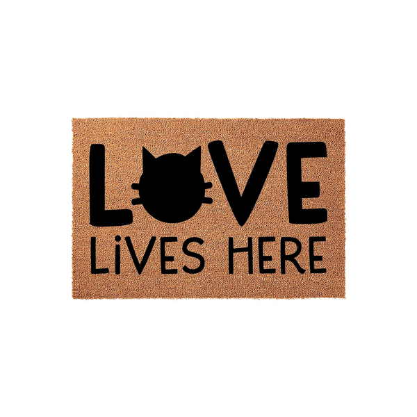 Cat Lover Coir Doormat featuring the text Love Lives Here, where the letter O is replaced by a black cat silhouette, set against a natural tan textured fiber background for a welcoming entryway decor piece for any feline
