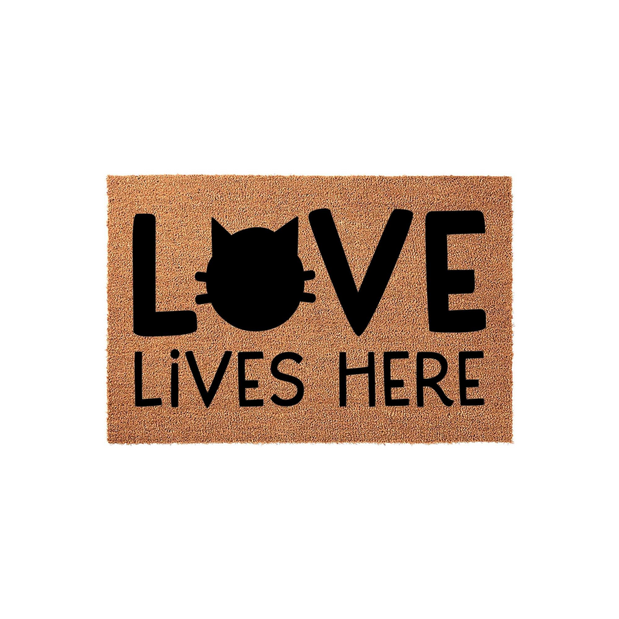 Cat Lover Coir Doormat featuring the text Love Lives Here, where the letter O is replaced by a black cat silhouette, set against a natural tan textured fiber background for a welcoming entryway decor piece for any feline