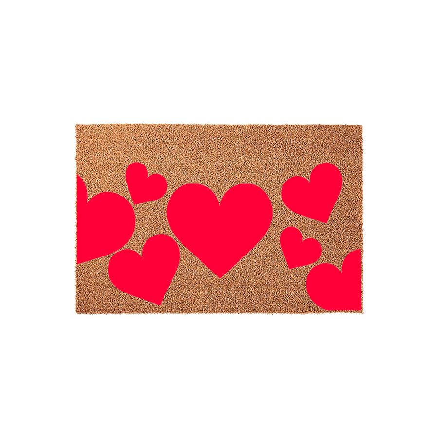 Heart Pattern Coir Doormat featuring a natural brown coconut fiber texture decorated with several bright red hearts of varying sizes, creating a festive and welcoming entryway floor mat for your home decor on a plain white