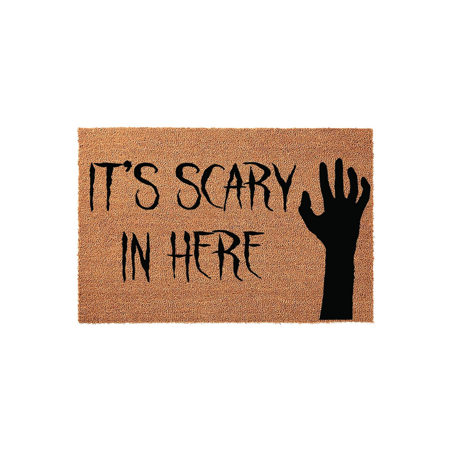 It's Scary In Here Halloween doormat featuring a spooky black hand silhouette printed on a natural coir fiber mat, creating a fun and festive entryway decoration for the fall season that welcomes guests with a touch of holiday