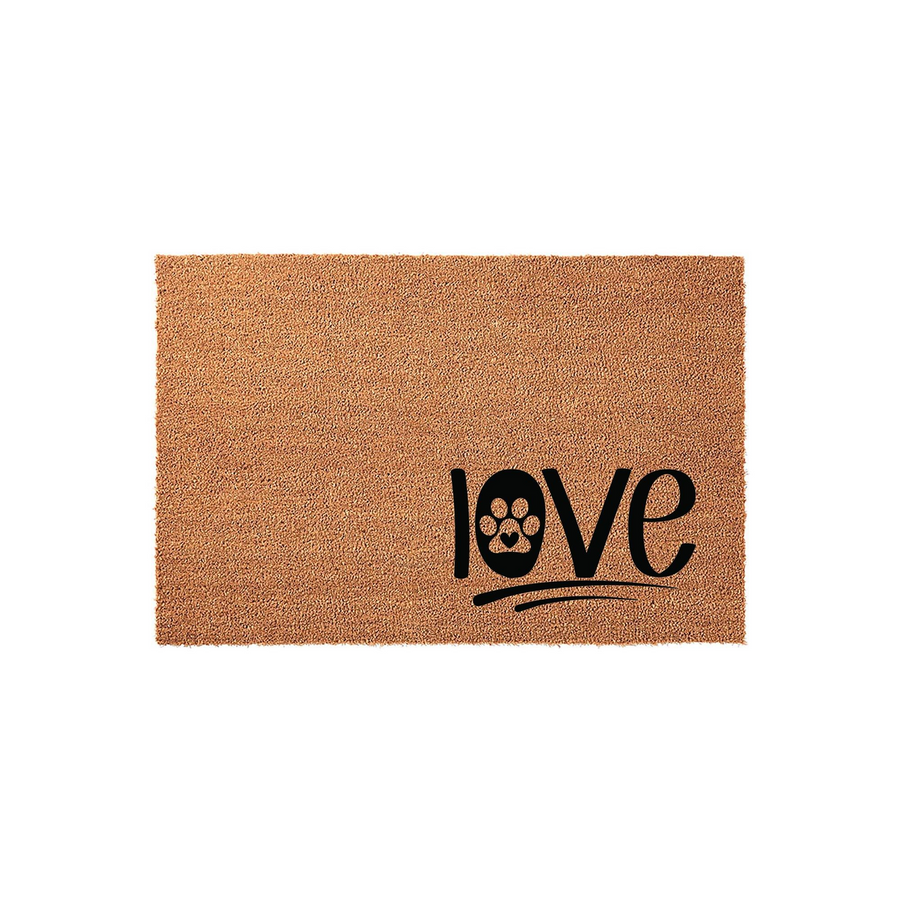 Love Paw Print Coir Doormat featuring a natural tan fiber texture with the word love printed in black, where the letter o is replaced by a cute dog or cat paw print design, perfect for a pet lover's home entrance or front porch