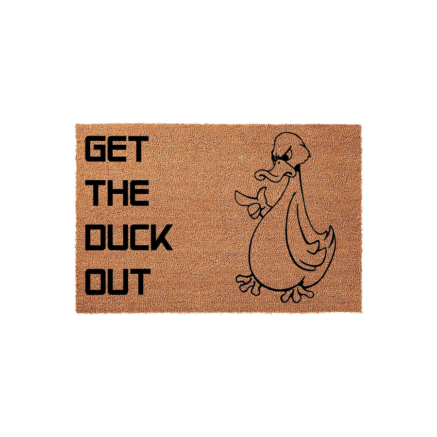 Funny Get The Duck Out coir doormat featuring a grumpy cartoon duck illustration on a natural brown fiber background, making for a humorous and welcoming entrance mat for your front porch or home entryway decor.