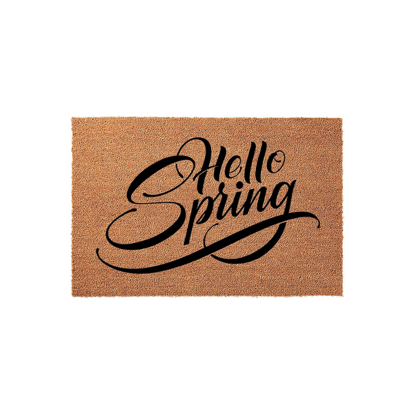 Hello Spring coir doormat featuring a natural tan fiber texture and elegant black script lettering that welcomes the season, displayed against a clean white background for a simple and inviting front porch decor aesthetic.