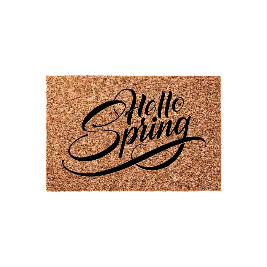 Hello Spring coir doormat featuring a natural tan fiber texture and elegant black script lettering that welcomes the season, displayed against a clean white background for a simple and inviting front porch decor aesthetic.