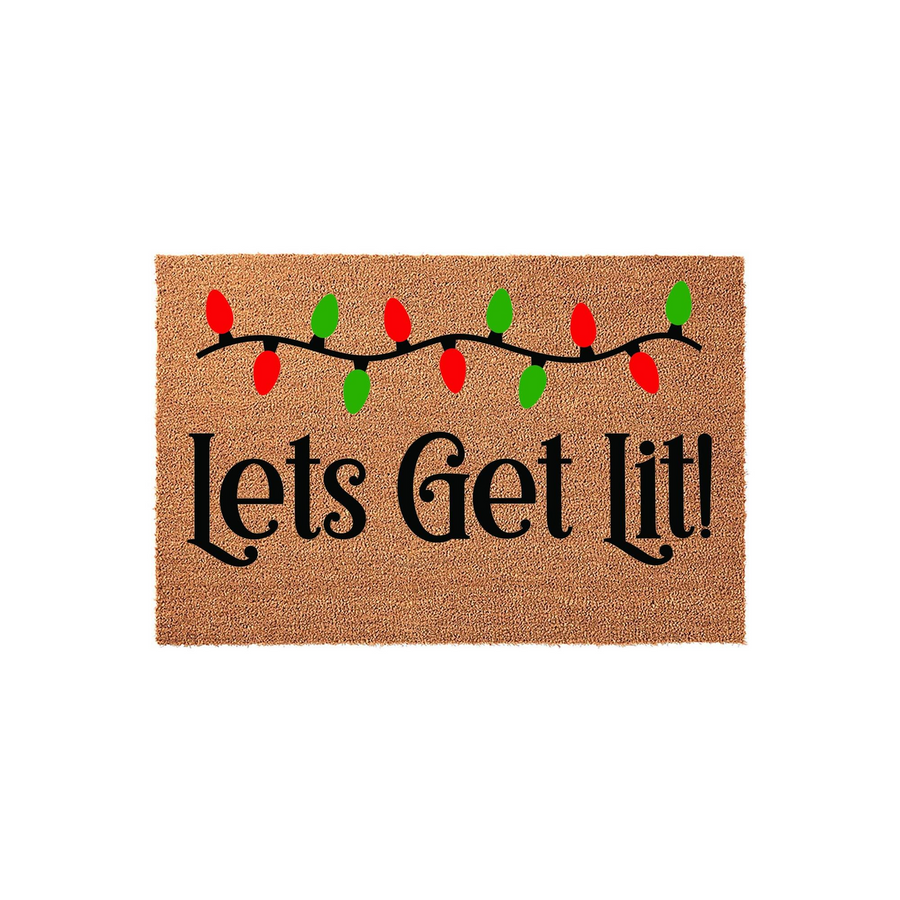 Lets Get Lit Christmas doormat featuring a festive string of red and green holiday lights printed on a natural coir fiber mat, creating a fun and welcoming entryway decoration for the winter season.