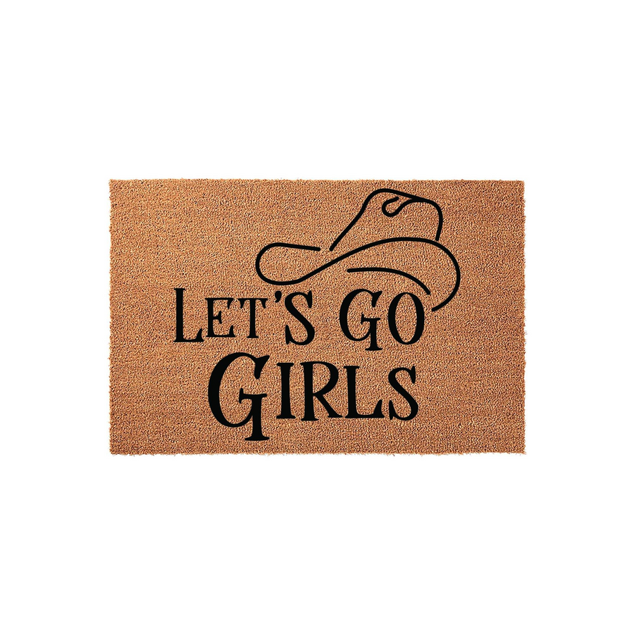 Lets Go Girls coir doormat featuring a black line art cowboy hat illustration centered above the bold text on a natural brown coconut fiber background, creating a fun western-themed entryway decor piece for your front porch.