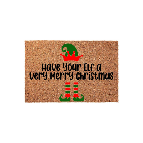 Have Your Elf a Very Merry Christmas doormat featuring a festive holiday design with a green elf hat and striped elf shoes printed on a natural coir fiber mat, creating a fun and welcoming entrance for your home this winter