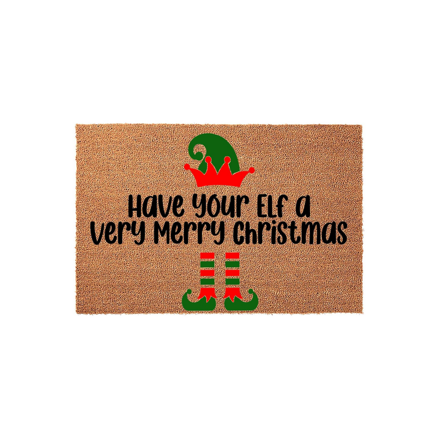 Have Your Elf a Very Merry Christmas doormat featuring a festive holiday design with a green elf hat and striped elf shoes printed on a natural coir fiber mat, creating a fun and welcoming entrance for your home this winter