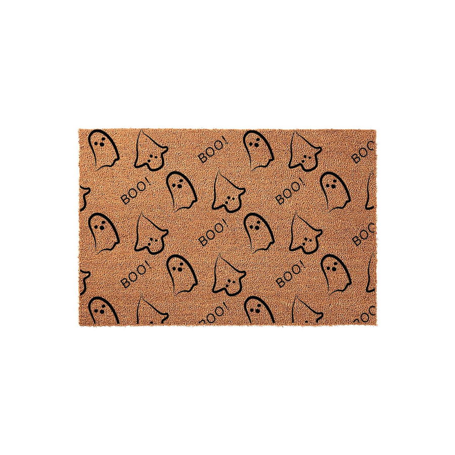 Halloween Ghost Pattern Coir Doormat featuring a repeating black line art design of cute ghosts and the word BOO! printed on a natural tan textured coconut fiber background, creating a festive entryway decor piece for the fall