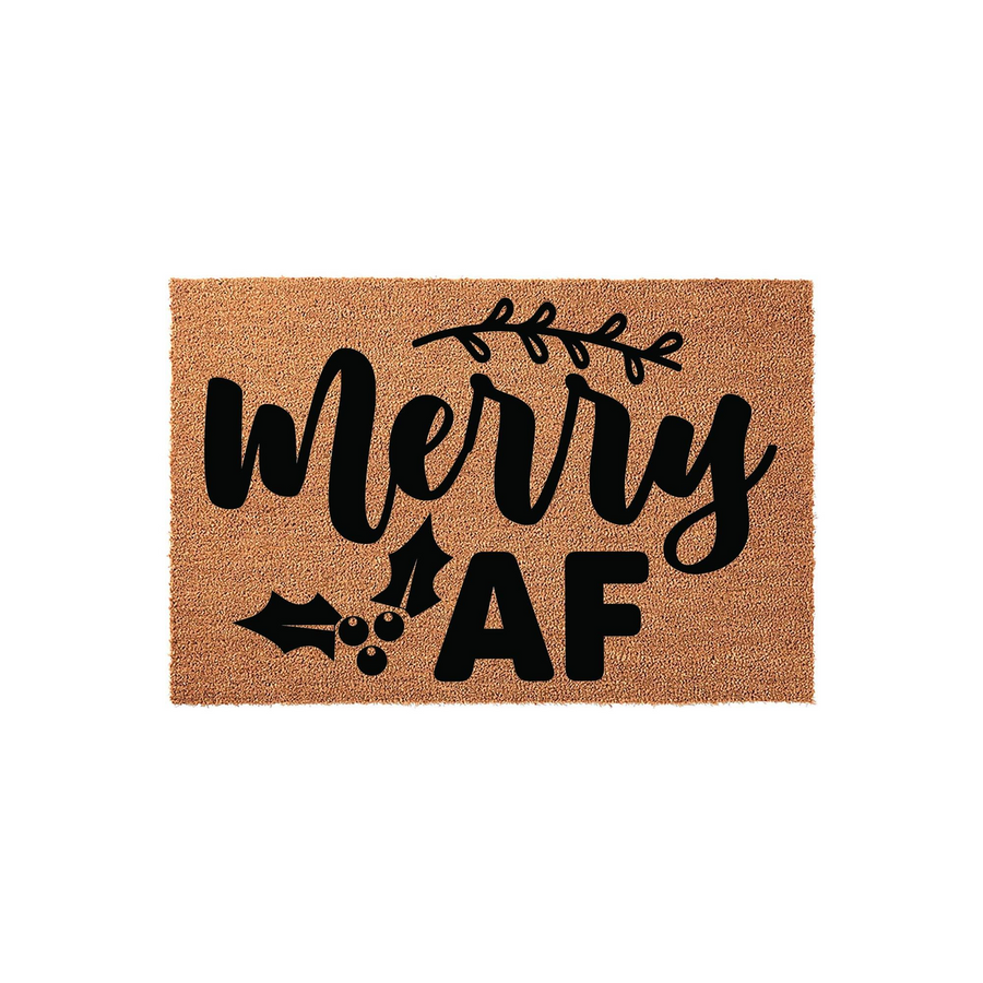 Merry AF Christmas doormat made of natural coir fiber with a black printed design featuring festive holly leaves and berries, providing a humorous and modern holiday welcome for your front porch entryway during the winter season.