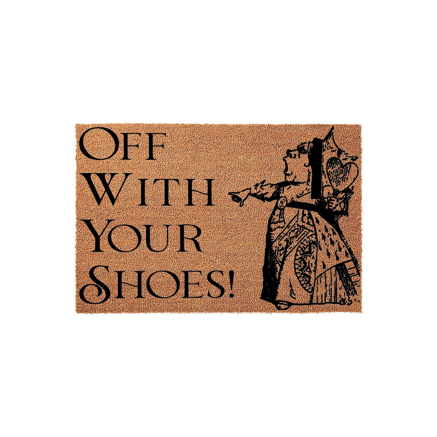 Alice in Wonderland themed coir doormat featuring the Queen of Hearts illustration and the text Off With Your Shoes, designed with a natural brown fiber texture and bold black ink for a whimsical entryway decor statement piece.