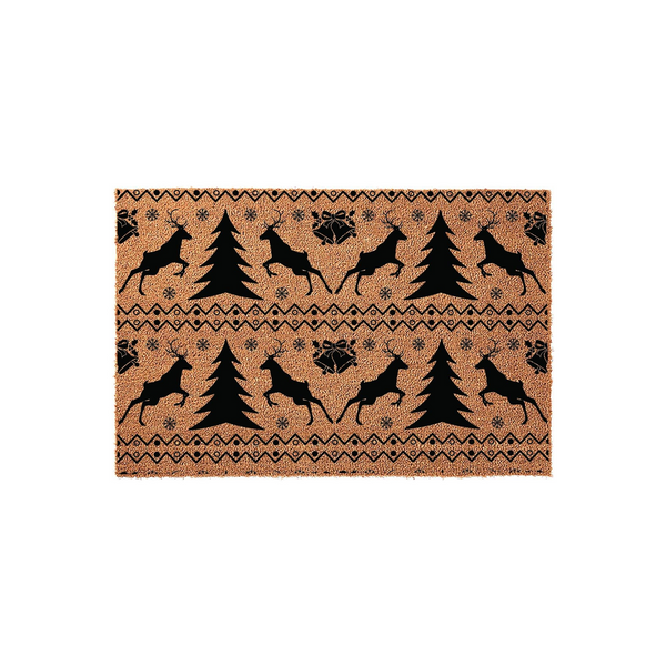 Christmas Reindeer Coir Doormat featuring a festive black pattern of leaping deer, pine trees, and bells on a natural tan fiber background, creating a charming holiday entryway decor piece for your home during the winter season.