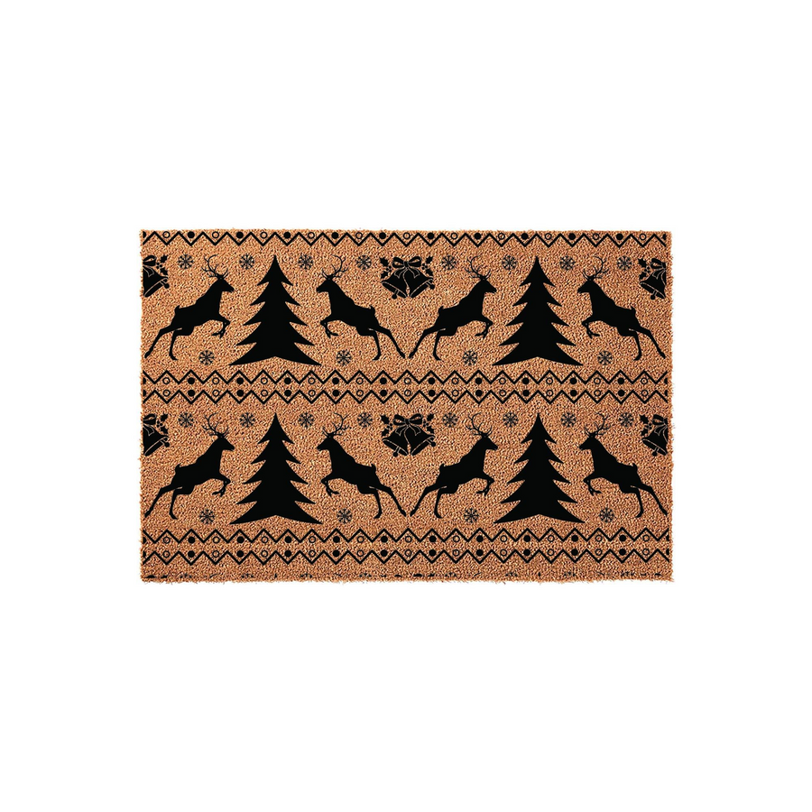 Christmas Reindeer Coir Doormat featuring a festive black pattern of leaping deer, pine trees, and bells on a natural tan fiber background, creating a charming holiday entryway decor piece for your home during the winter season.