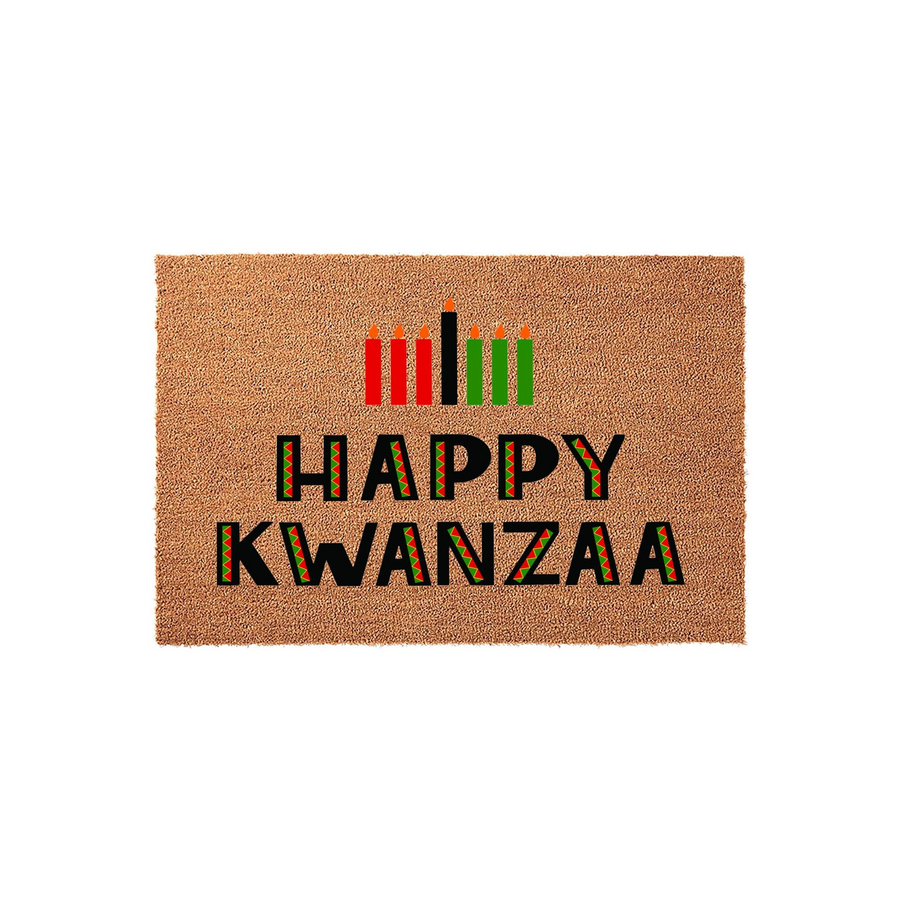 Happy Kwanzaa coir doormat featuring a festive design with seven traditional candles in red, black, and green, centered above bold text that reads Happy Kwanzaa on a natural tan fiber background for your holiday home entryway