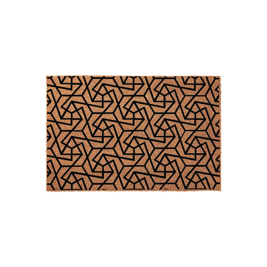 Geometric Pattern Coir Doormat featuring a bold, black interlocking star and hexagon design printed on a natural tan fiber background, creating a modern and stylish entryway accent for any home porch or front door area.