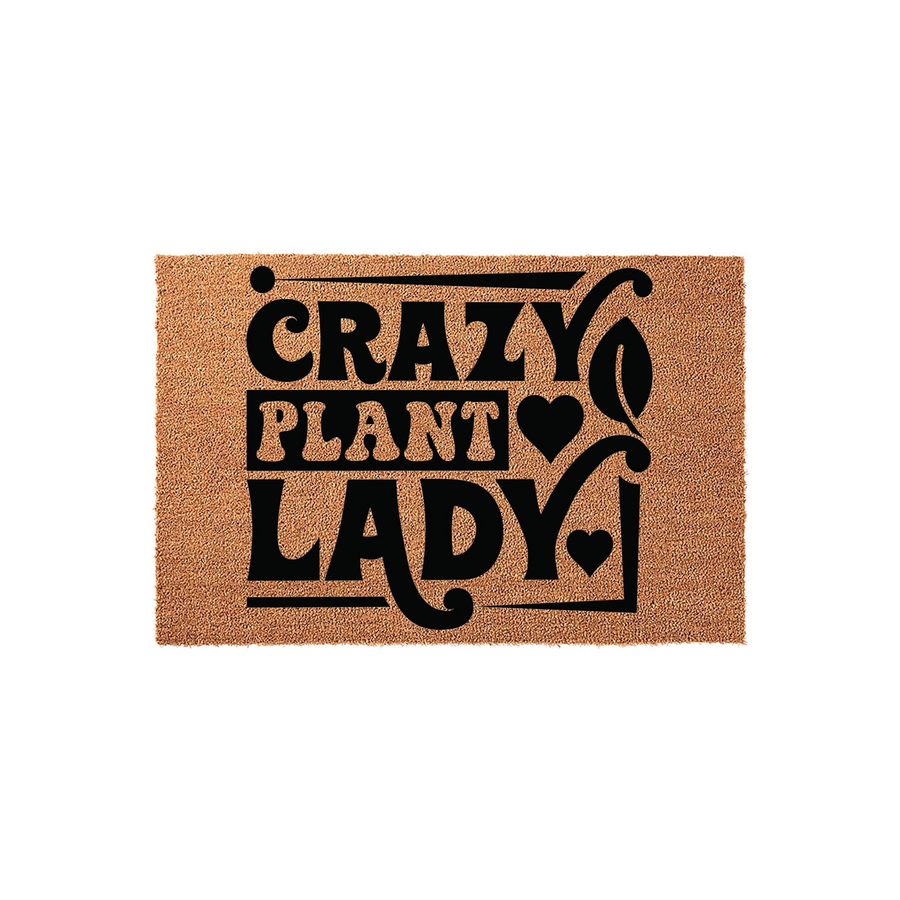 Crazy Plant Lady coir doormat featuring bold black typography and decorative leaf and heart accents on a natural tan textured background, making it a fun and welcoming entryway decor piece for any indoor or outdoor home garden